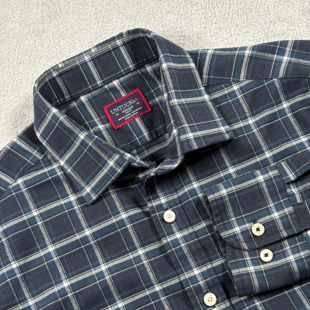 UNTUCKit Mens Slim Fit Navy Blue Plaid Button Down Shirt Medium Long Sleeve